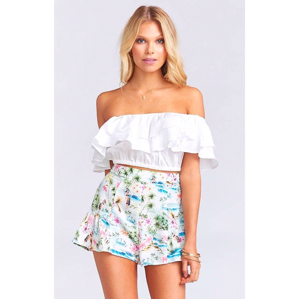 Show Me Your MuMu White Ruffle Off-Shoulder Top with Tropical Print Shorts